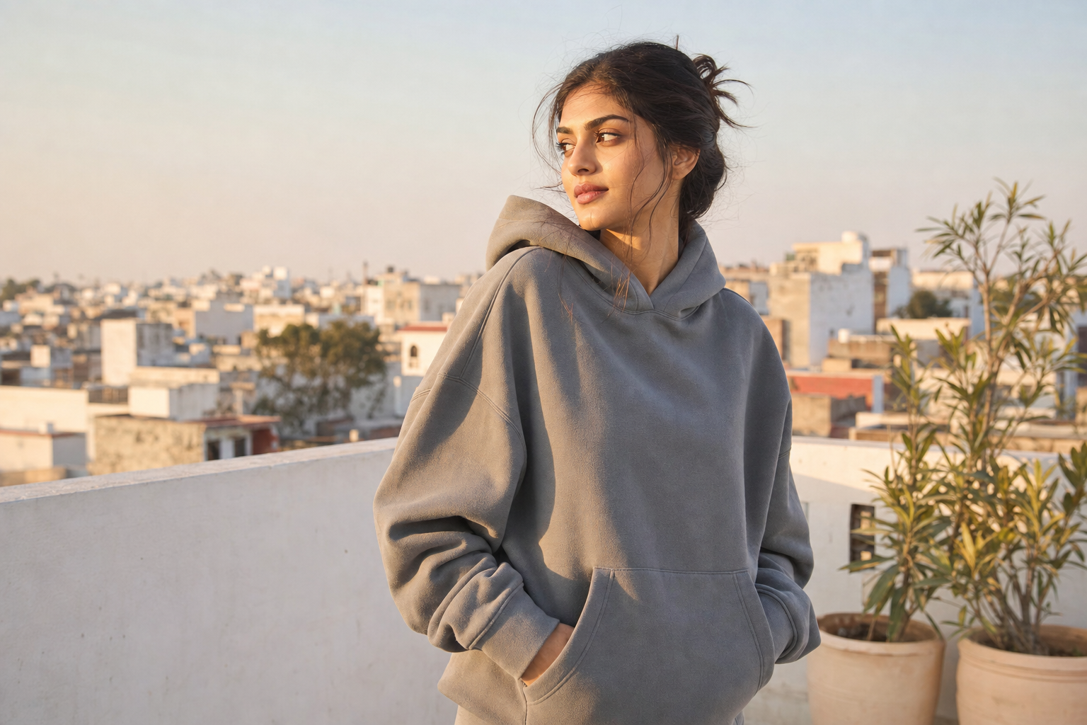 Kosha hoodie in Stone worn outdoors